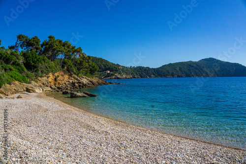 Beautiful natural scenery from Megali Ammos or large sand beach in western Alonissos island, Greece