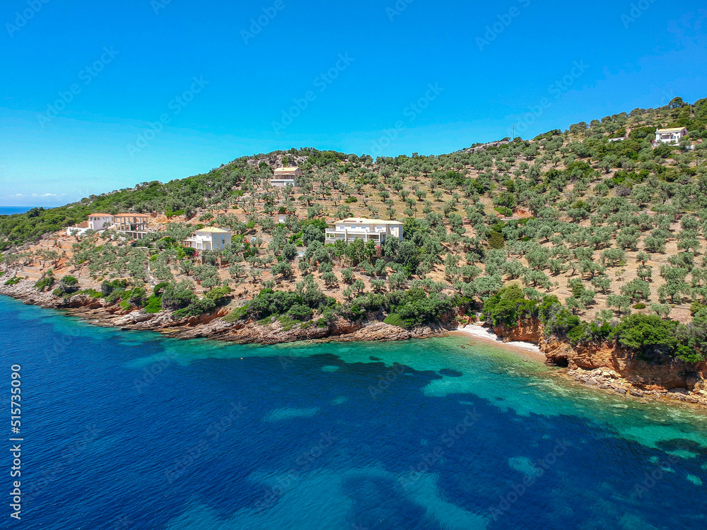 Aerial view over Megali Ammos or large sand beach in western Alonissos island, Greece