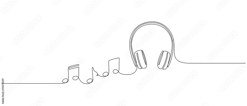Continuous one line drawing of headphones speaker with music notes. Headset gadget and earphones devices in simple linear style. Editable stroke. Doodle vector illustration Continuous one line drawing of headphones speaker with music notes. Headset gadget and earphones devices in simple linear style. Editable stroke. Doodle vector illustration