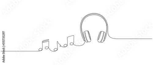 Continuous one line drawing of headphones speaker with music notes. Headset gadget and earphones devices in simple linear style. Editable stroke. Doodle vector illustration