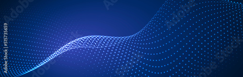 Wave of flowing particles on a dark background. Abstract backdrop with dynamic elements of waves and dots. Vector