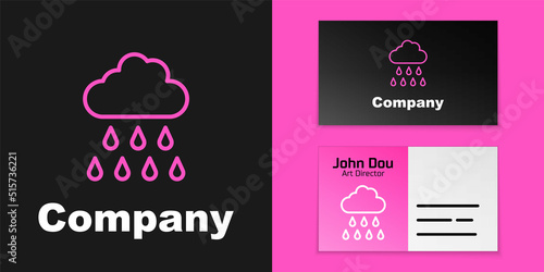 Pink line Cloud with rain icon isolated on black background. Rain cloud precipitation with rain drops. Logo design template element. Vector