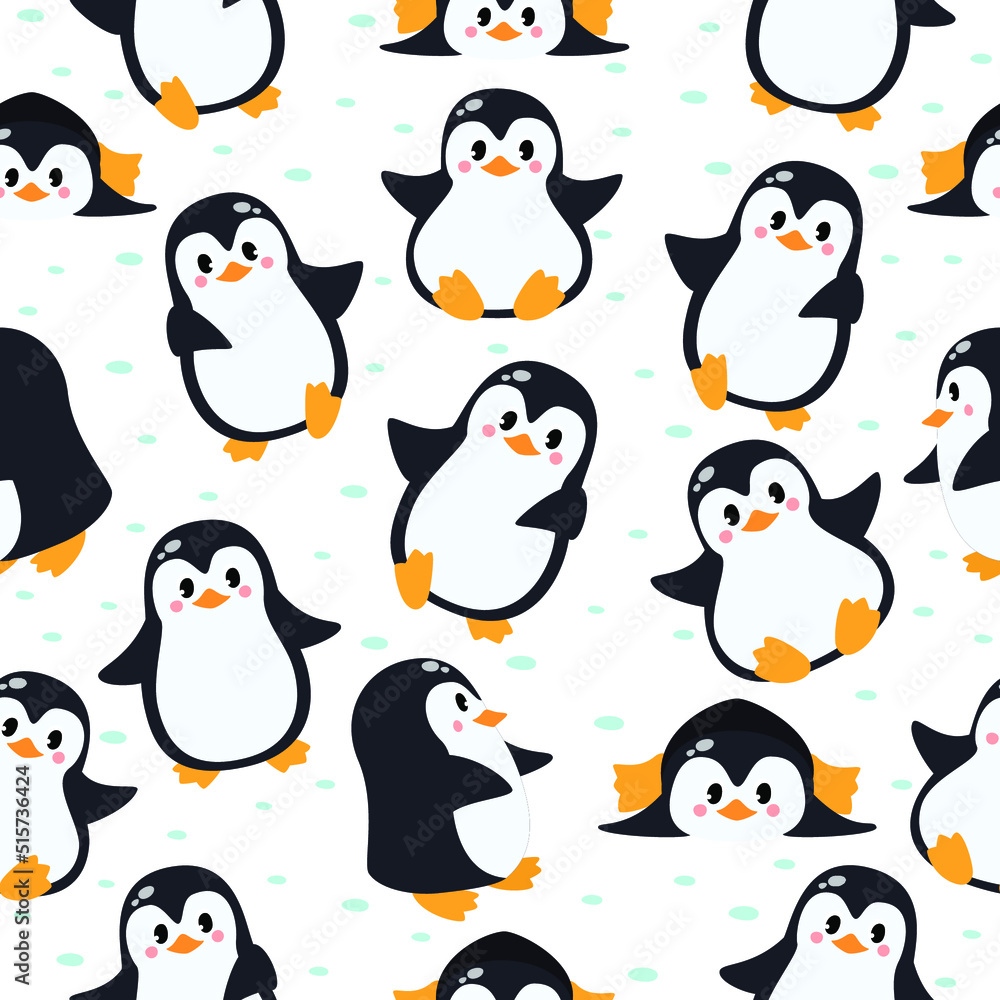 Obraz premium Cute penguins seamless pattern. Vector illustration in cartoon childish style.