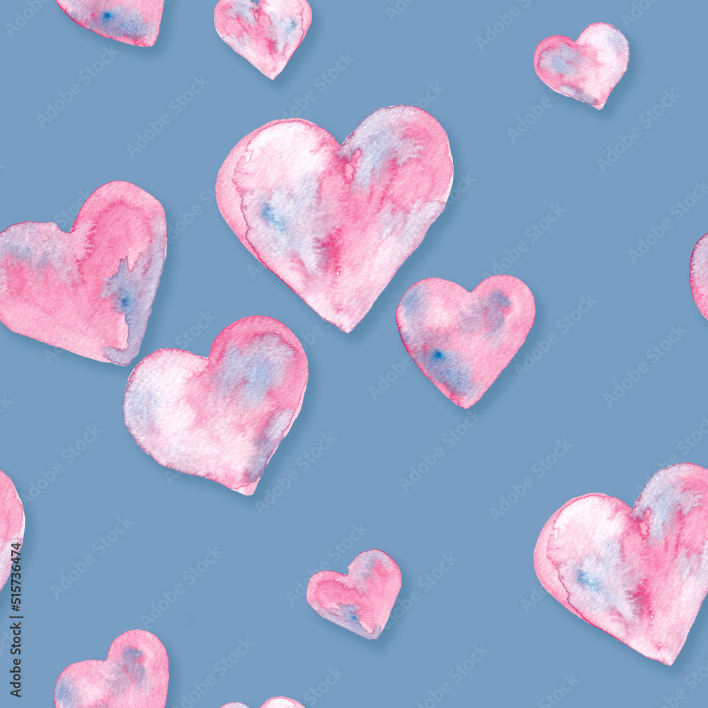 Fototapeta premium Pink hearts watercolor painting - seamless pattern on blue background