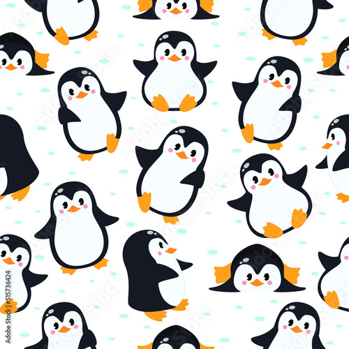 Cute penguins seamless pattern. Vector illustration in cartoon childish style.