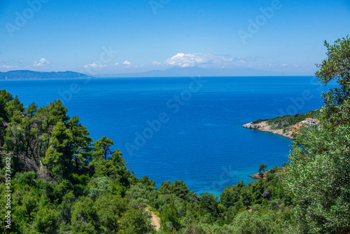 Beautiful natural scenery on the road to Megali Ammos or large sand beach in western Alonissos island, Greece