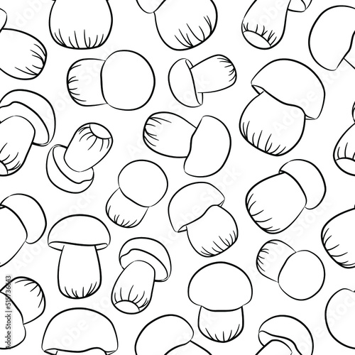 Boletus mushrooms seamless pattern in linear style. Vector illustration. Autumn mushroom collection season.