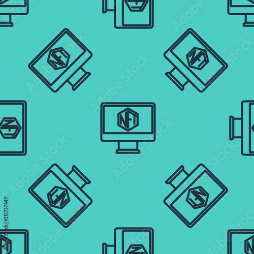 Black line Monitor with art store app icon isolated seamless pattern on green background. Technology of selling NFT tokens for cryptocurrency. Non fungible token concept. Vector