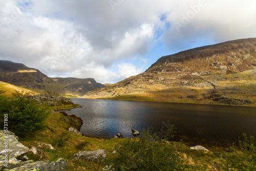 Beautiful lake and Mountains Sun and cloud. Ogwen Cottage, Snowdonia, Wales.