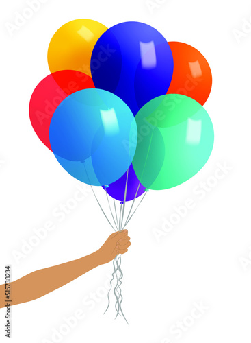 Woman holding bunch of colorful balloons on white background, closeup. Vector illustration