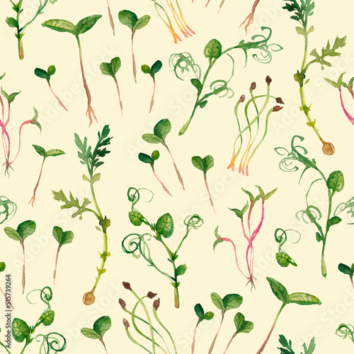 Watercolor microgreen pea sprouts pattern on vintage background