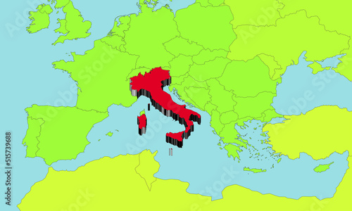 Italy on the European map  in three-dimensional 3D form. Red color  critical situation and historical heat. Beautiful country to visit famous for its food  fashion  design  architecture and lifestyle.