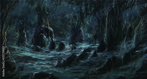 Dark forest horror scene adventure game, alien planet 