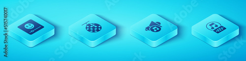 Set Isometric Music player, Disco ball, note, tone and Speaker volume icon. Vector