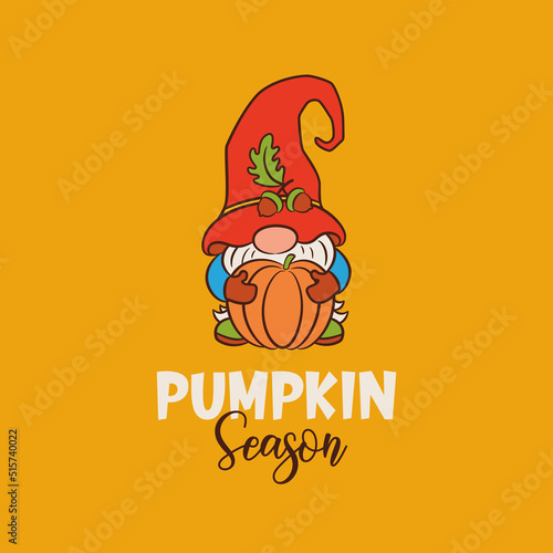 Funny gnome with pumpkin card design. Cute nordic gnome holding pumpkin and lettering Pumpkin season on yellow background autumn color.