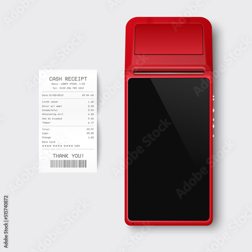 Vector 3d Red NFC Payment Machine and Paper Check, Receipt Isolated. Wi-fi, Wireless Payment. POS Terminal, Machine Design Template of Bank Payment Contactless Terminal, Mockup. Top VIew