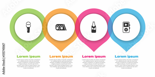 Set Microphone, Drum machine music, Beer bottle and Music player. Business infographic template. Vector