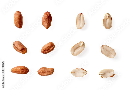 Set of whole and halves raw peanut seeds isolated on a white background. Variety of shelled groundnut or monkey nut cutout. Arachis hypogaea as edible seeds and oil crop. Vegetarian snack.