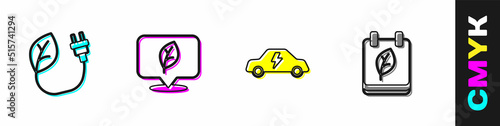 Set Electric saving plug in leaf, Location with, car and Calendar autumn leaves icon. Vector