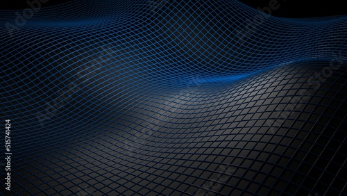 Gradient Black Mathematical Geometric Abstract Line and Surface Wave under Blue Spot Lighting Black Background. Concept 3D illustration of technological innovations, strategies and revolutions.