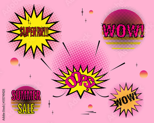 Bright set with summer stickers, badges, stickers. Summer sale banner here. Vector illustration in vibrant 90s colors.