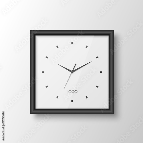 Vector 3d Realistic Square Wall Office Clock with Black Frame, Design Template Isolated on White. Dial with Roman Numerals. Mock-up of Wall Clock for Branding and Advertise Isolated. Clock Face Design