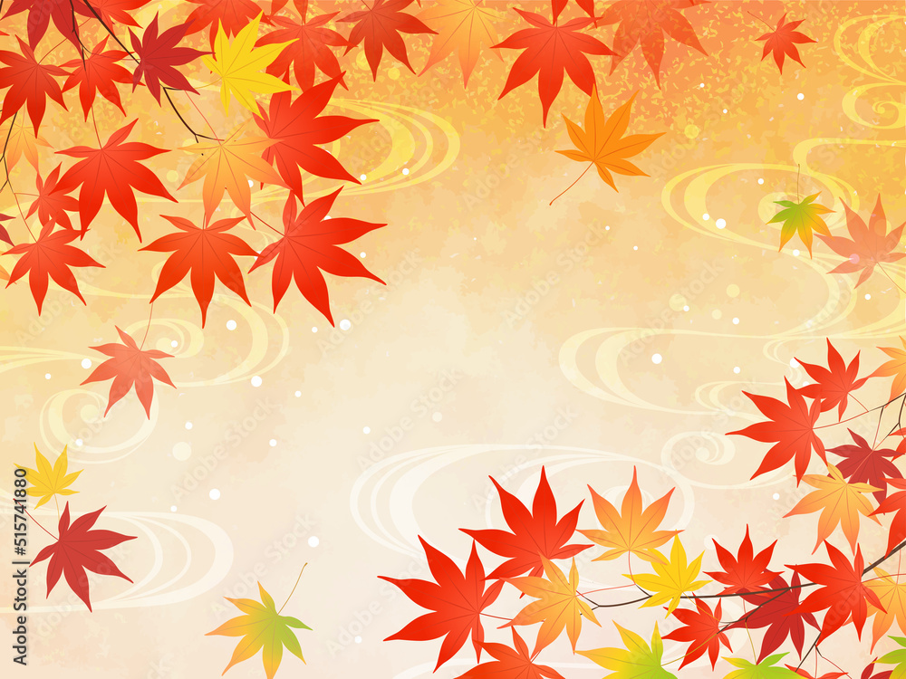 紅葉と流水紋の和風フレーム背景_ベクターイラスト