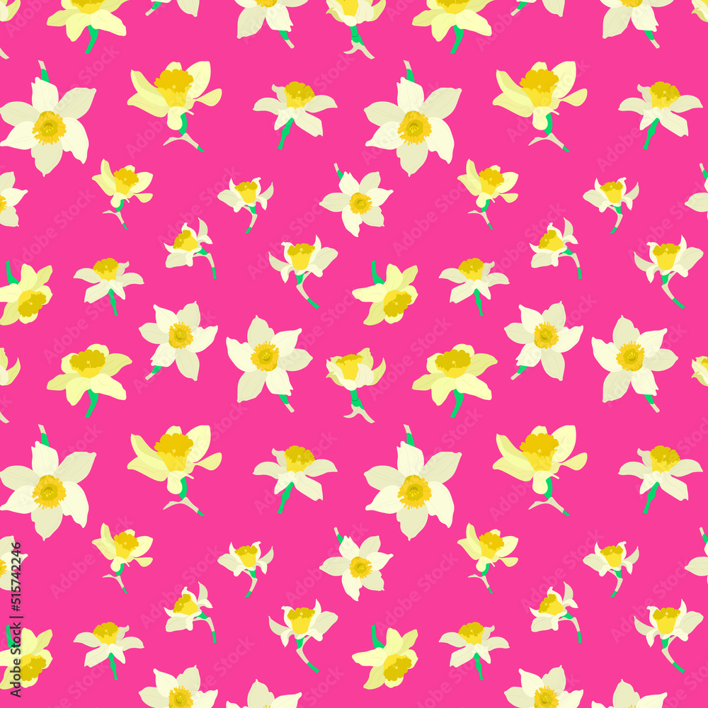 Decorative vector pattern with flowers of narcissus on pink background. Spring - summer floral theme for design.