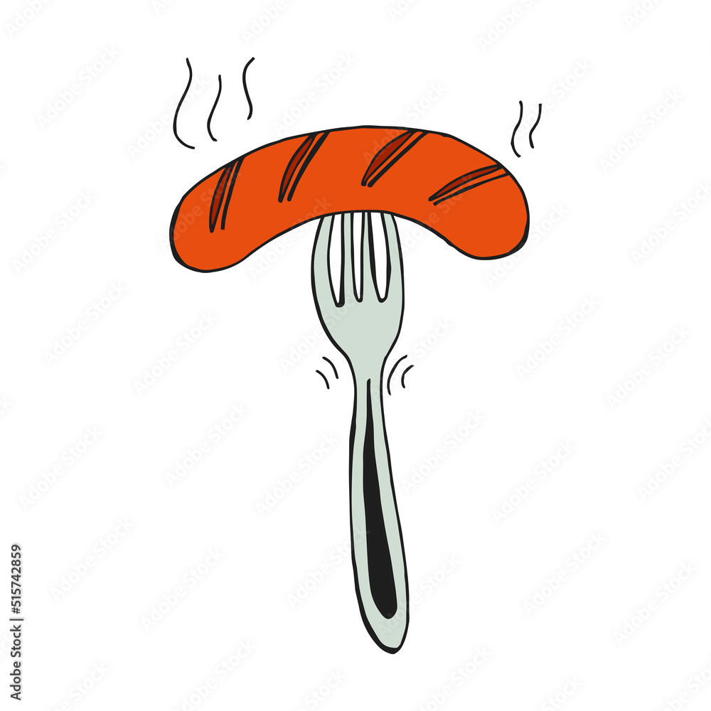 Oktoberfest 2022 - Beer Festival. Hand-drawn Doodle bavarian sausage on a fork on a white background. German Traditional holiday. Oktoberfest 2022 - Beer Festival. Hand-drawn Doodle bavarian sausage on a fork on a white background. German Traditional holiday.