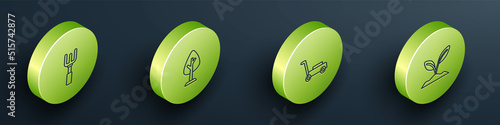 Set Isometric line Garden rake, Forest, Lawn mower and Sprout icon. Vector
