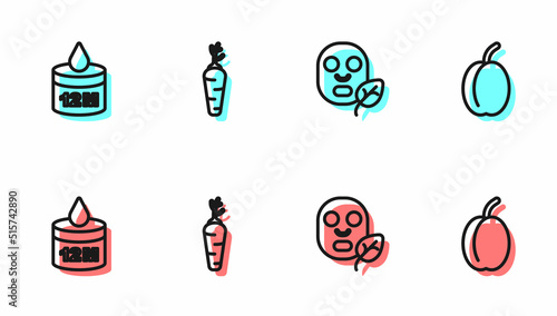 Set line Facial cosmetic mask, Organic, Carrot and Plum fruit icon. Vector