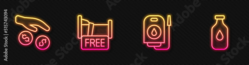 Set line Blood donation, Donation and charity, Free overnight stay house and Bottle of water. Glowing neon icon. Vector