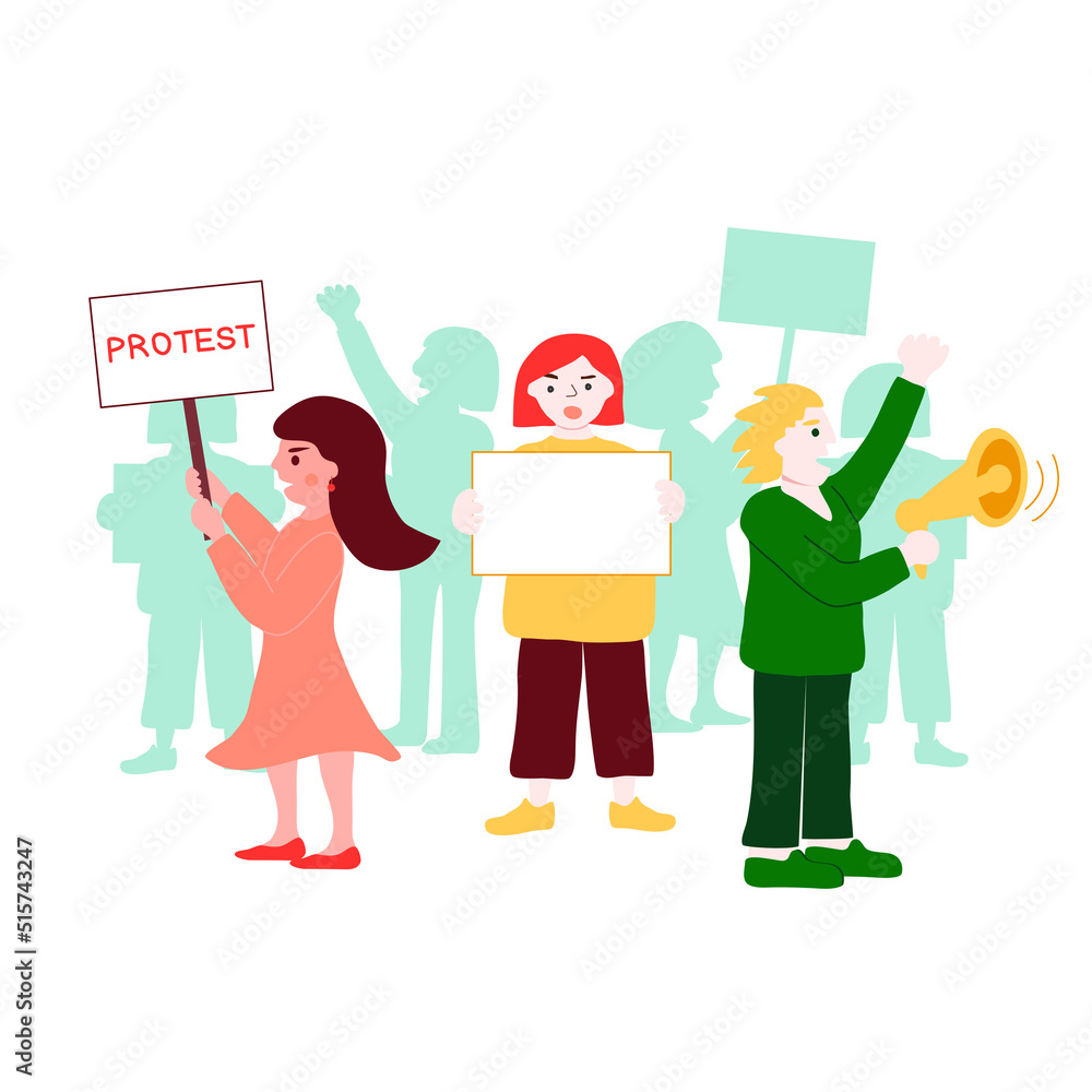 Protesting people or activists holding posters, signs and megaphone, crowd silhouette, flat vector Protesting people or activists holding posters, signs and megaphone, crowd silhouette, flat vector