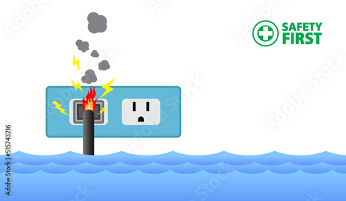 Flood area , power outlet short circuit due to flood, Natural disaster with house, Heavy rain and storm .