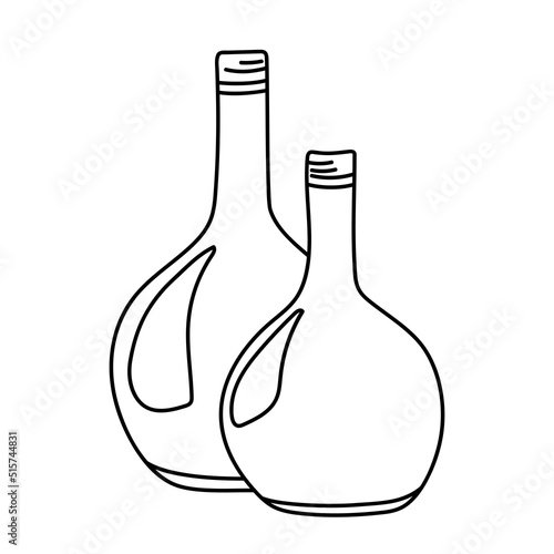 Two round bellied bottles with a long neck in the doodle style isolated on a white background. Vector illustration.