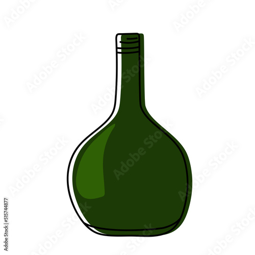 Hand drawn green glass bottle for wine isolated on a white background. Vector illustration.