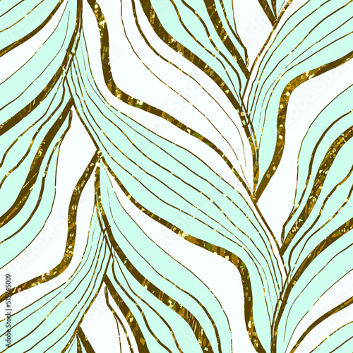 Texture of blue and white marble. Symmetrical seamless pattern with golden pattern.