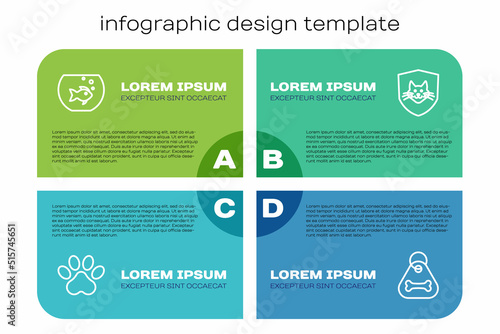 Set line Paw print, Aquarium with fish, Dog collar bone and Animal health insurance. Business infographic template. Vector