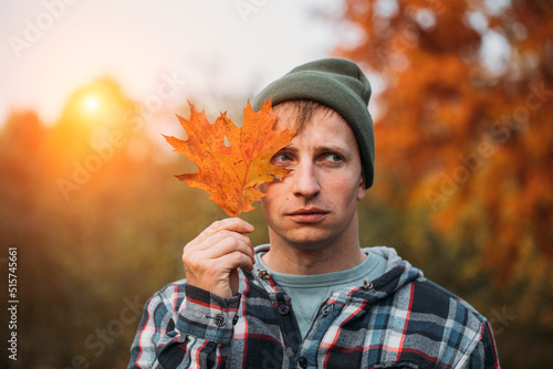 Man autumn. Fall. Autumn. Happy time. Emotion male. Photo. Nature photo. 