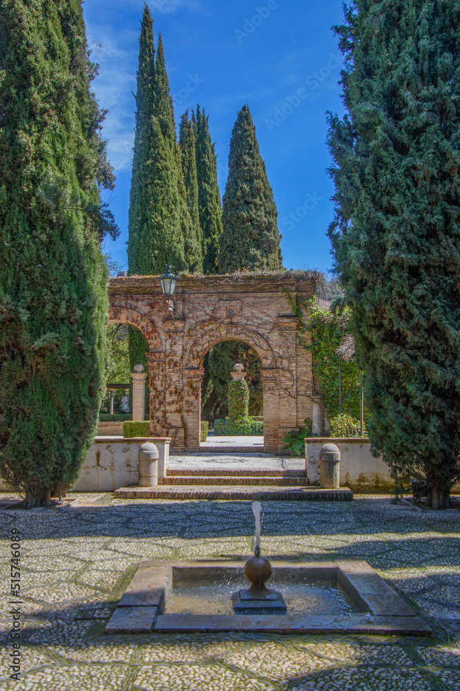 Architectural structure in a very beautiful garden in the city of Granada, Andalusia, Spain
