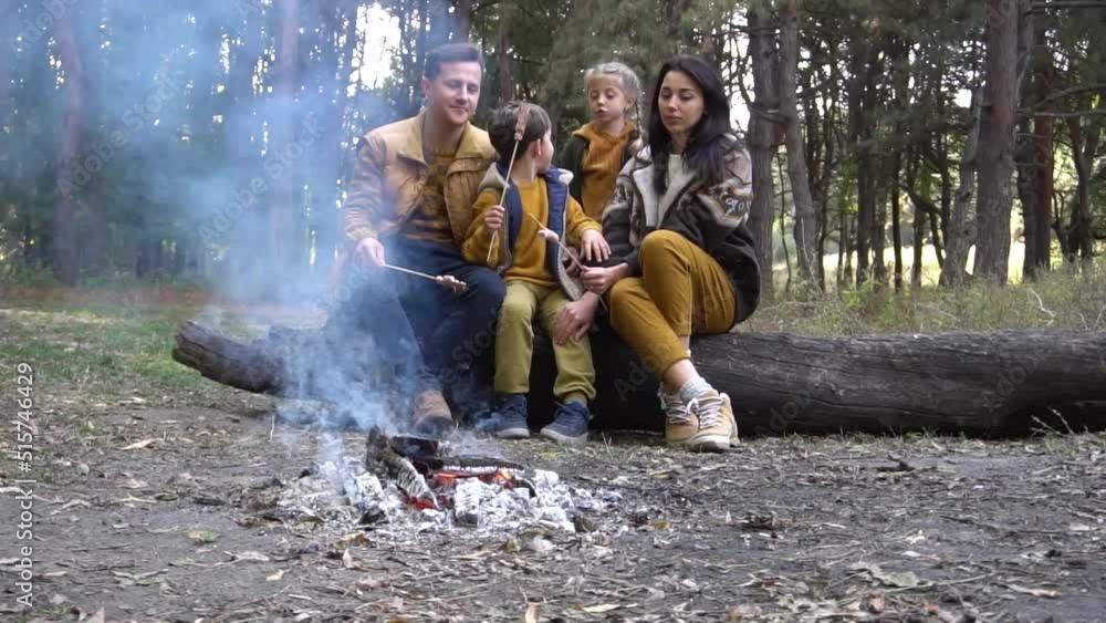 Family with children on picnic in wood light fire