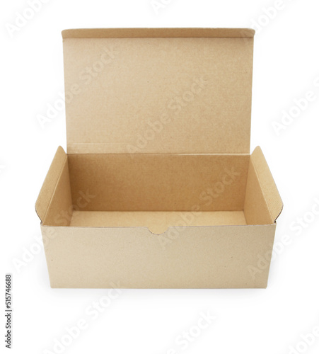 Cardboard box with flip open lid, lid open, isolated on white. 