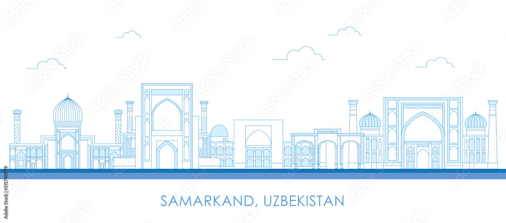 Outline Skyline panorama of city of Samarkand, Uzbekistan - vector illustration