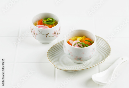 Two Cup Chawan Mushi Japanese Steamed Egg on White Table background