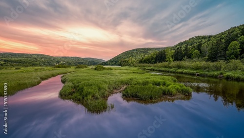 Looking east along Margaree River in Inverness County of Nova Scotia, Canada