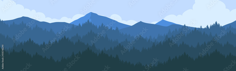 Cloudy landscape over pine forest mountains in the morning.