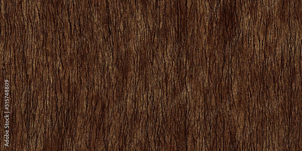 Seamless tree bark background texture closeup. Tileable panoramic natural wood oak, fir or pine forest woodland surface pattern. Rustic detailed dark reddish brown wallpaper backdrop. 3D rendering.. - obrazy, fototapety, plakaty 