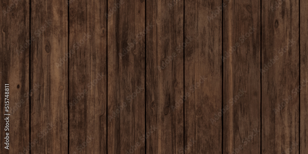 Seamless rustic redwood planks background texture. Tileable stained dark brown hardwood wood floor, wall, deck or table repeat pattern. Vintage old weathered wooden wallpaper backdrop. 3D rendering..