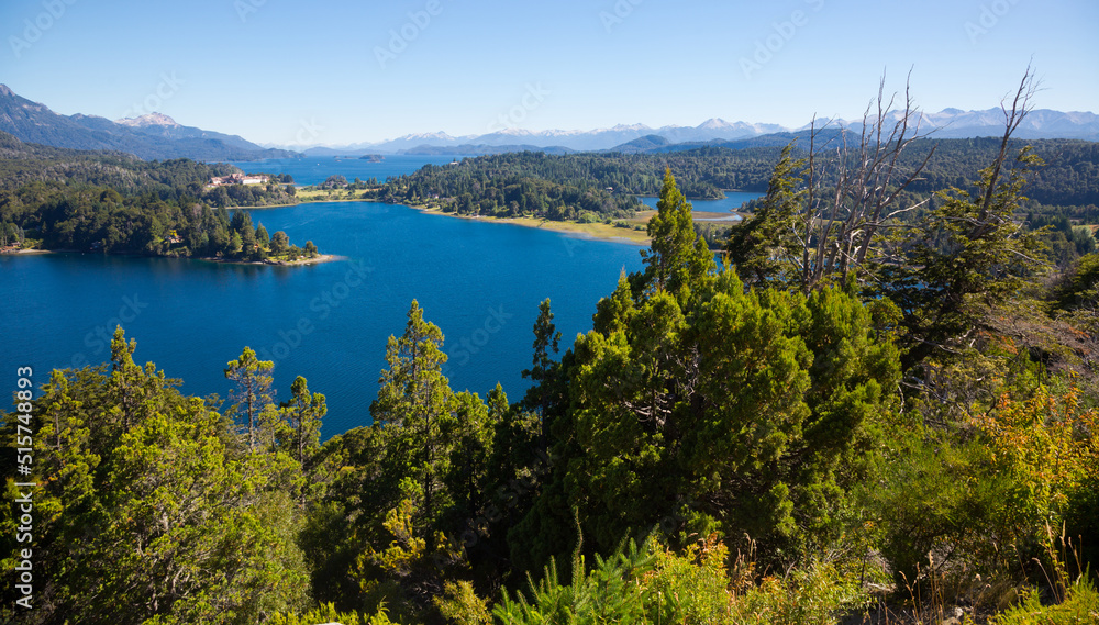 General view of spectacular Lago Nahuel Huapi and Cerro Campanario in Argentina