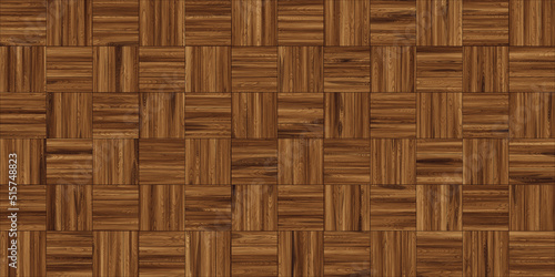 Fototapeta Naklejka Na Ścianę i Meble -  Seamless classic parquet wood floor background texture. Tileable stained dark brown redwood, oak or pine hardwood woven checker repeat pattern. Wooden laminate or linoleum tiles. 3D rendering..